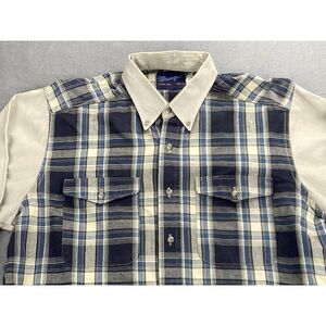 VTG Wrangler Button Shirt 16.5x34 Blue Tan Plaid Colorblock Made USA - VERY RARE